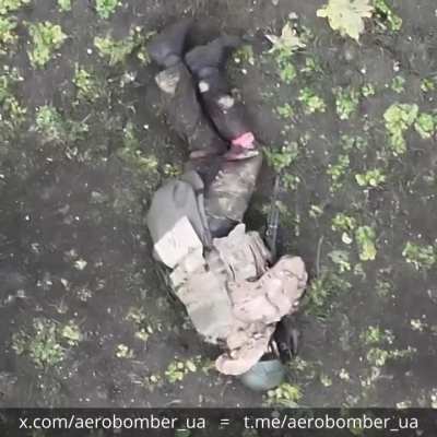 Wounded Russian soldier retreating from failed assault, and radioing for help, is hit by double grenade drop from Aerobomber drone unit.