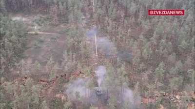 RU pov: Rare footage of a BMPT "Terminator" in combat shooting at a forest. Aftermath shows multiple dead UA soldiers and destroyed tanks.