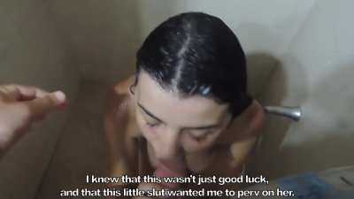 Sister lures her brother into the shower with her.