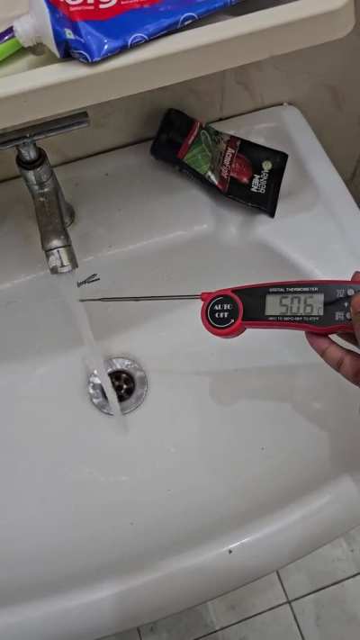 This video was taken in India, which is currently the hottest country in the world. No water heater just tap water thats 124F or 51C. Exposure over 3 minutes could cause first degree burns, yet currently for millions of people this is a daily fight.