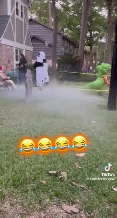 Kid in a dinosaur costume gets the crap scared out of him by a Halloween decoration