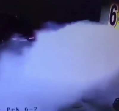 Driving away from a fuel pump, destroying the entire gas station.