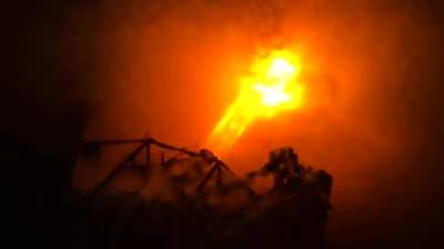 Raptor test firing into a water cooled steel plate