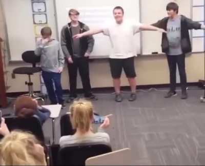 School presentation. T-Posing + singing All Star by Smash Mouth