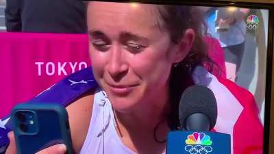 Molly Seidel after winning the bronze medal in the marathon. True American spirit.