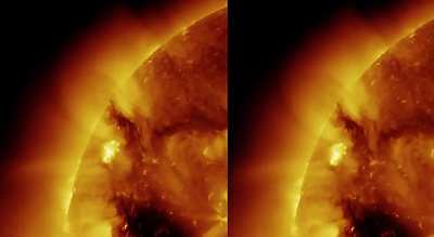 Solar eruptions in 3d! OK, I tried to create something unique here. This is data from the NASA SDO which I processed and combined to create a stereo 3d image. So if you can uncross eyes (like looking behind the screen) and combine the two images you'll be