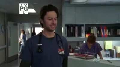 J.D. points at the ABC logo and says "Huh, that's new.", in reference to Scrubs' move from NBC to ABC.