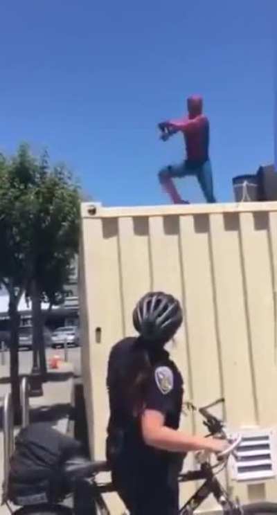 Man dressed as Spider-Man dancing on top of a storage unit