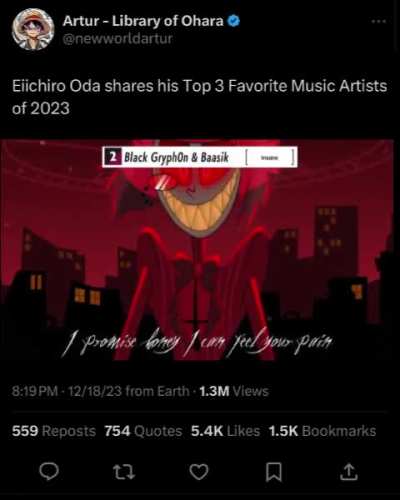 Oda Top 3 Music Artists of 2023💀💀 (someone tell this guy to stick to writing manga😭)