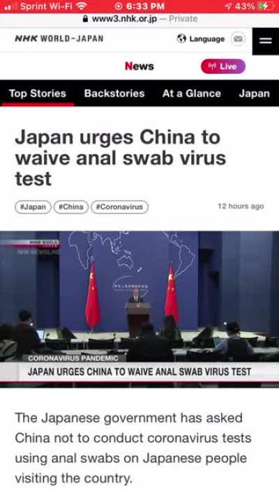 Japan asks China don&rsquo;t take PCR tests from the anus. 😳 Who wants to go to China?