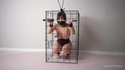 In a cramped cage, unable to squat or lower my hands.