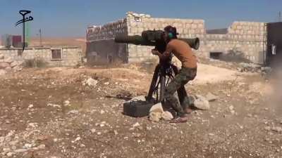 Opposition BGM-71 TOW team engages an SAA T-72 outside of Handarat Camp, Aleppo - 10/4/2014
