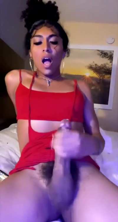 Luma strokes her big cock and cums (gif)