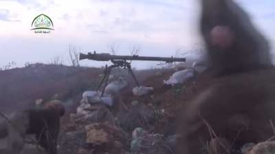 Opposition recoilless rifle team sets up &amp;amp; engages a sandbagged SAA fighting position - Bureij, Aleppo - 1/5/2015