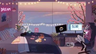 Girl in bedroom with pets