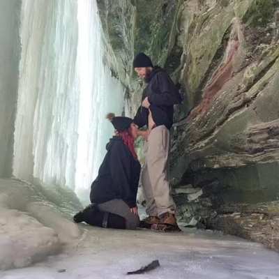 some fun behind a frozen waterfall 🤗 check out all our fun here www.onlyfans.com/sugarbellz