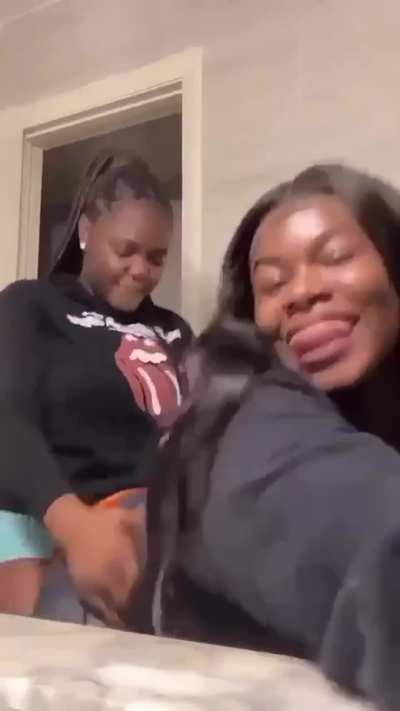 Lesbian girl humps her friend in the bathroom