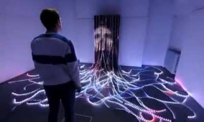 "ENTER &ndash; interactive light installation. It has the size of a door and comprises thirty-two 5-meter long LED strips &ndash; sound-reactive and connected to a camera source.