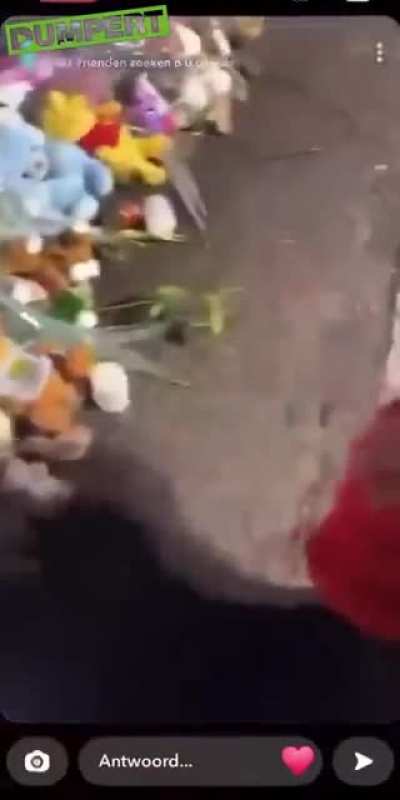 Two men steal stuffed toys left at a memorial site for two children murdered by their father in the Netherlands