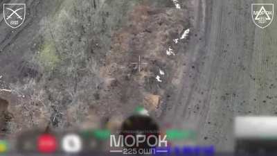 Two fighters of the assault battalion "Morok" of the 225th Motor Rifle Regiment are clearing the trench line, blowing up enemy bunkers with the help of TM-62, SVP and grenades. Gulyaypole direction.