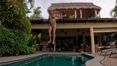 Dared by u/Curious_Minx_ to "go to the pool naked" I slow-mo'd my jump. Lol [f] (monthly challenge)