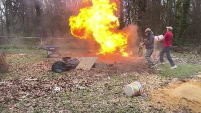 Demonstrating the explosive characteristics of fine saw dust. DON&rsquo;T TRY THIS AT HOME!