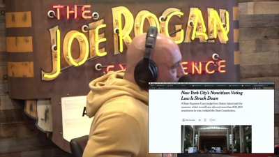 Rogan tells Stavros that They are bringing in illegal immigrants and trying to change the laws to give them the right to vote. Stavros refutes Rogan's claim by reading past the article headline, also says his immigrant father has been in America for 40 ye