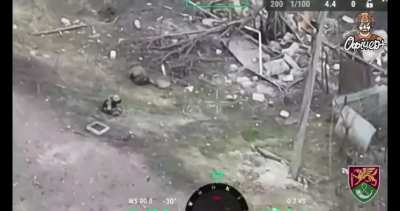 A Russian invader is in combat with the Ukrainian national guard near Avdiivka The Russian attempted to toss a frag grenade but got killed and dropped it by his feet instantly killing him and mortally wounding his comrade. 4/5/24