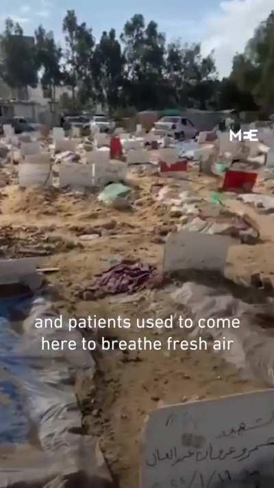 A Palestinian man documented how the park of Gaza City&rsquo;s al-Shifa hospital has been turned into a graveyard where many unidentified victims from Israeli attacks on Gaza are buried.