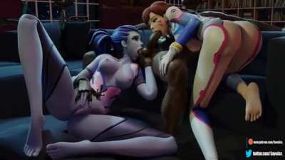 Widowmaker and D.VA sucking cock