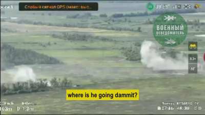 One Russian tank fights entire Ukrainian armoured assault group (Russian tank is backed by observer drones and ATGM)