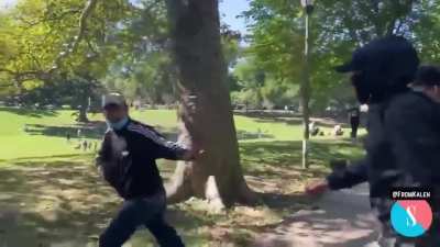 Liberal/Anarcho-Democrat antifa-militant tries to kick the ass of a political enemy, falls on his own ass instead