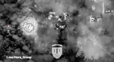A Ukrainian drone operator spotted a Russian assault group near Vovchansk, Kharkiv Oblast. UAVs dropping grenades were called in to eliminate the soldiers.