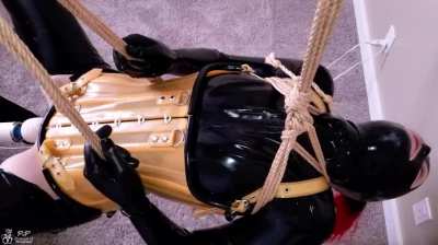 Suspended in rope &amp;amp; latex then forced to have increasingly stronger orgasms with a magic wand