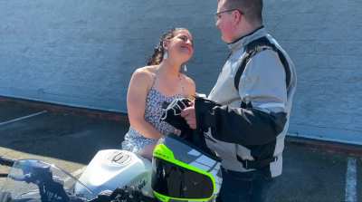 Spreading my legs on his sexy motorcycle