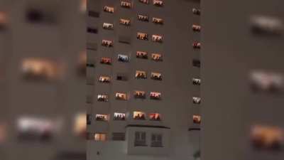 Students of the all-male college El&iacute;as Ahuja address their neighbours of the all-female college Santa M&oacute;nica