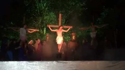 Man with motorcycle helmet tries to "save" Jesus