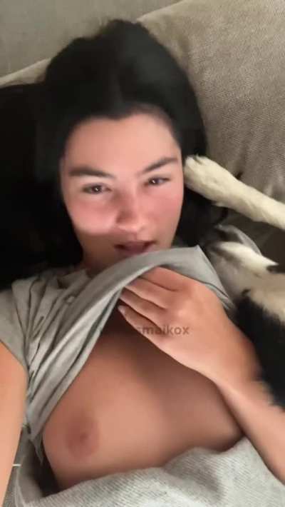 this is my daily awakening: small tits, sleeping eyes and dog licking🐶
