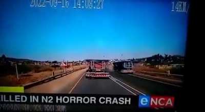 Overtaking truck hits van, killing 21 people including 19 children.