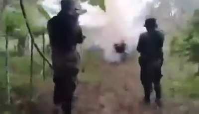 Ethnic armed forces attempted to fire a mortar at a Myanmar military position, but it misfired. Unknown unit, December 2024.