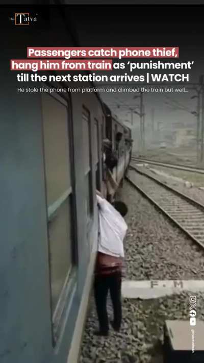 Passenger catches phone thief, hang him from train as punishment