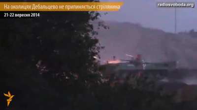 Ukrainian forces with the aid of a BTR-4 &amp;amp; BMP-1 attempt to hold a checkpoint outside of Debaltseve - 2014
