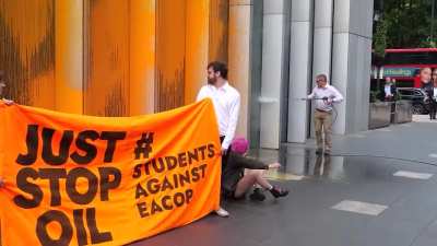 "Just Stop Oil" protesters make a paint mess, while some guy with a power-washer, cleans it up