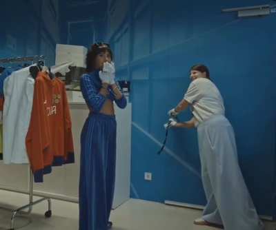 Xochitl Gomez in a Blue Tracksuit from AdidasHQ Vlog