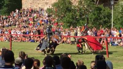 Turku Castle (FI) Medieval Tournament jousting championship preliminaries today. Two Canadian contesters trying it out.