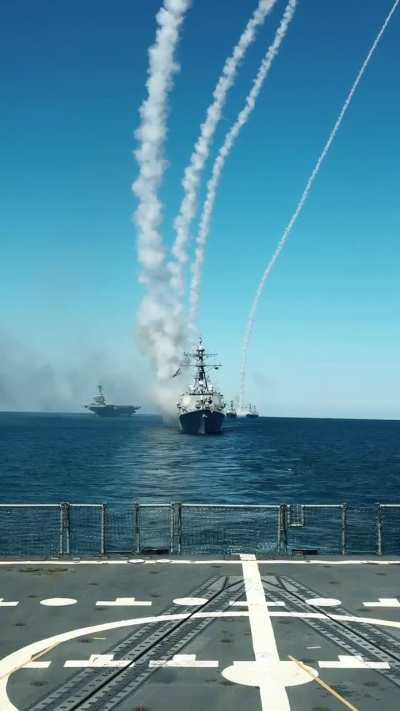 Arleigh Burke-class guided missile destroyers conduct SM-2 shots during the U.S. Navy's 250th anniversary celebrations on October 5, 2025.