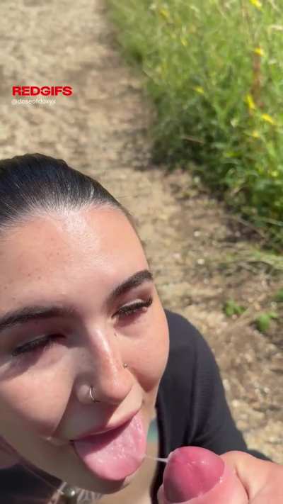 One minute I’m flashing my pussy at people walking past… the next, one of them is giving me a facial