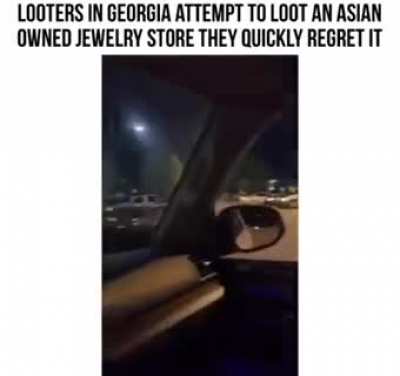A swarm of looters attempt to rob a store, then run away once the owner starts shooting at them