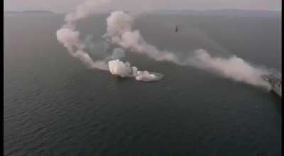 A Kalibr cruise missile fired by Russian destroyer Marshal Shaposhnikov malfunctions mid launch and crashes into the sea (April 2021)