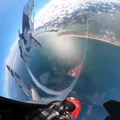 US Air Force 'Thunderbirds' Squadron doing a full 360&deg; loop in tandem at an air show.